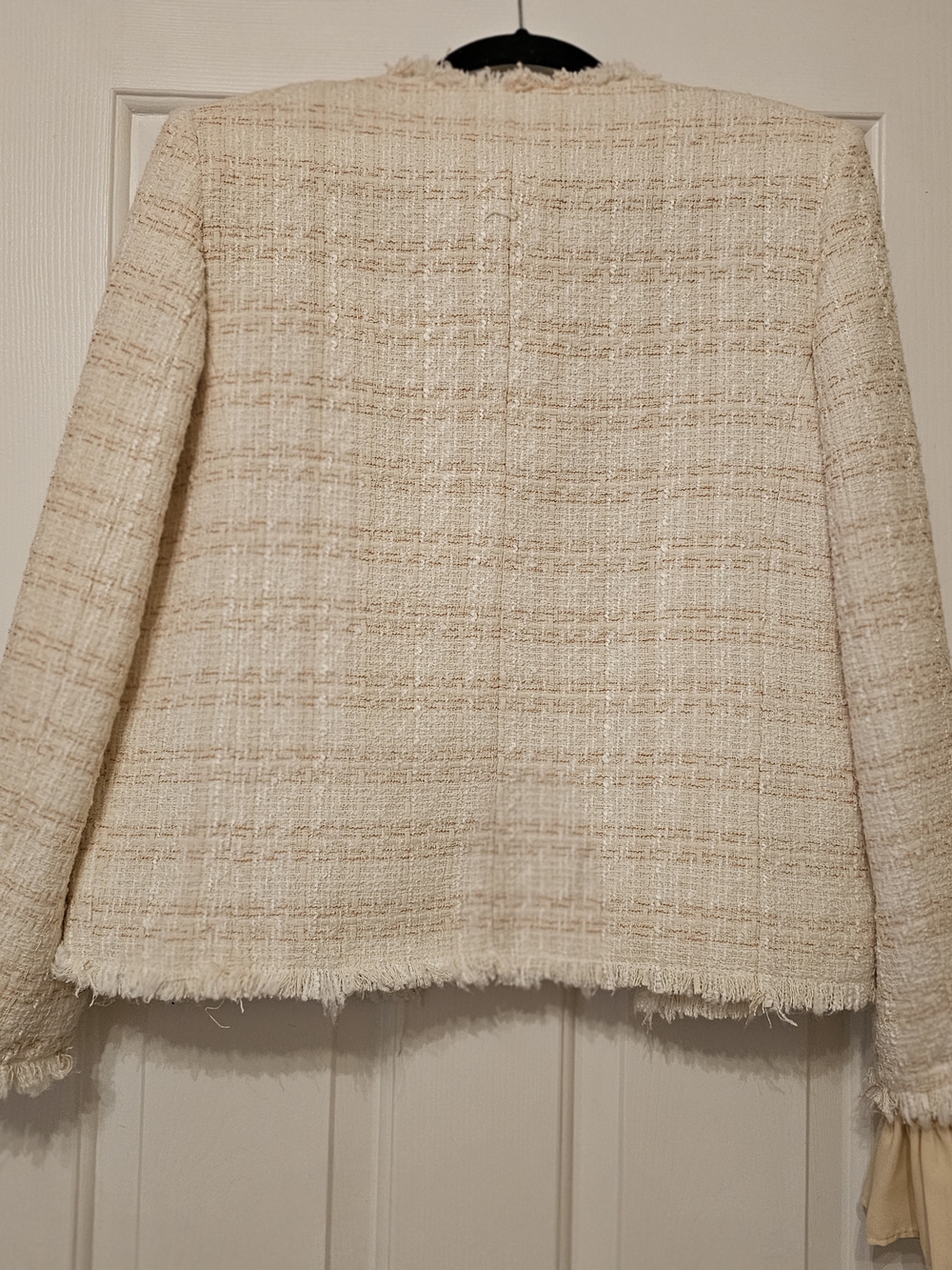 Mango Cream Tweed Collarless Jacket with Ruffle Cuffs (Removable) - Picture 5 of 15